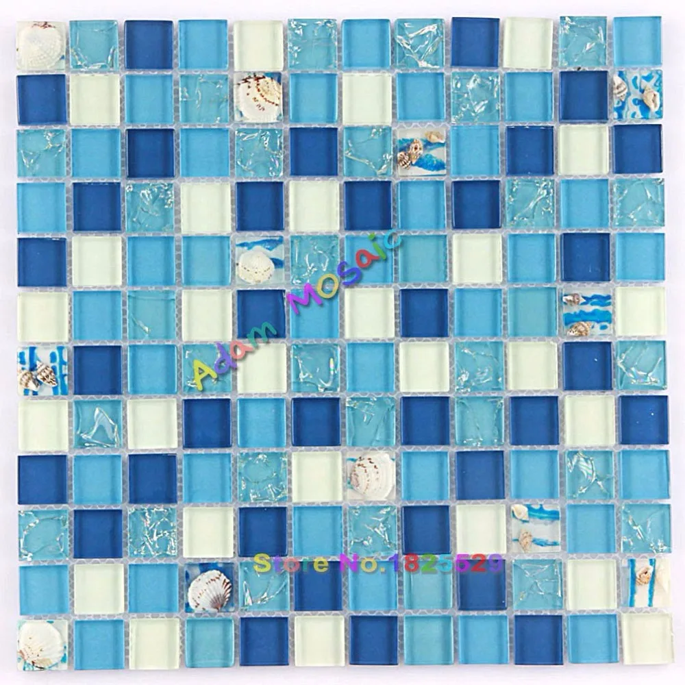 Crystal Mosaic tiles Crackle Glass Tile Blue And White Sea Shell For Bathroom Shower Backsplash Kitchen Subway | Обустройство дома