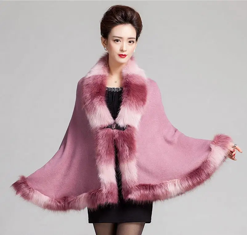 Faux Fox Fur Mixed color Poncho Coat Autumn Winter Fashion Knitted Cardigan Wool Cashmere Sweater Womens Capes and Ponchoes MY27 |