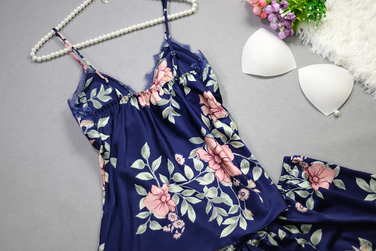 Сексуальный Кружевной Шелковый пижамный комплект, женские пижамы с цветочным принтом, летняя Домашняя одежда на бретельках, пижама, женский халат, Пижама, Пижамный костюм
