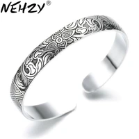 nehzy925 sterling silver jewelry lotus retro silver leaf black bracelet men women new jewelry fashion retro high quality bangles