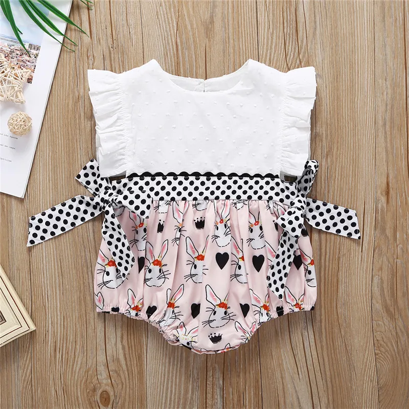 Cukoe Newborn Baby Girl Bodysuits Bowknot Bunny Print Clothes for 6-24 Month Babies Infant Toddlers One-piece Clothing | Детская одежда