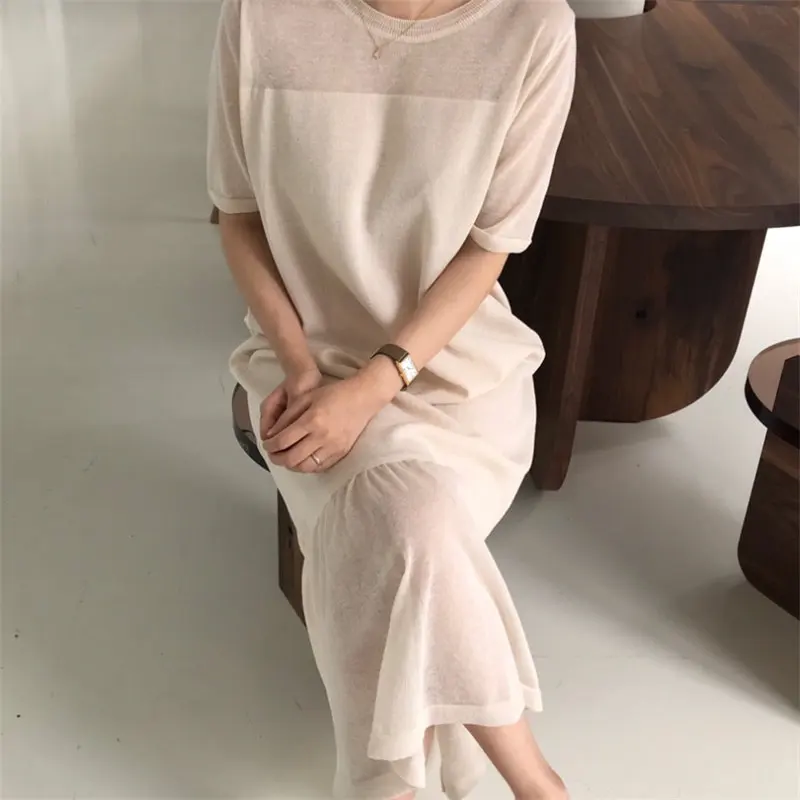 HziriP Loose Trumpet Korea 2019 Summer Elegant Chic Fresh Slender Casual Mermaid Thin Short Sleeves Women Free Beige Dresses | Женская