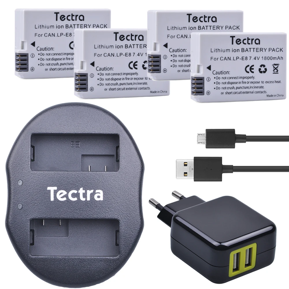 Tectra 4Pcs LP E8 LPE8 литий ионный аккумулятор + двойное зарядное устройство USB адаптер