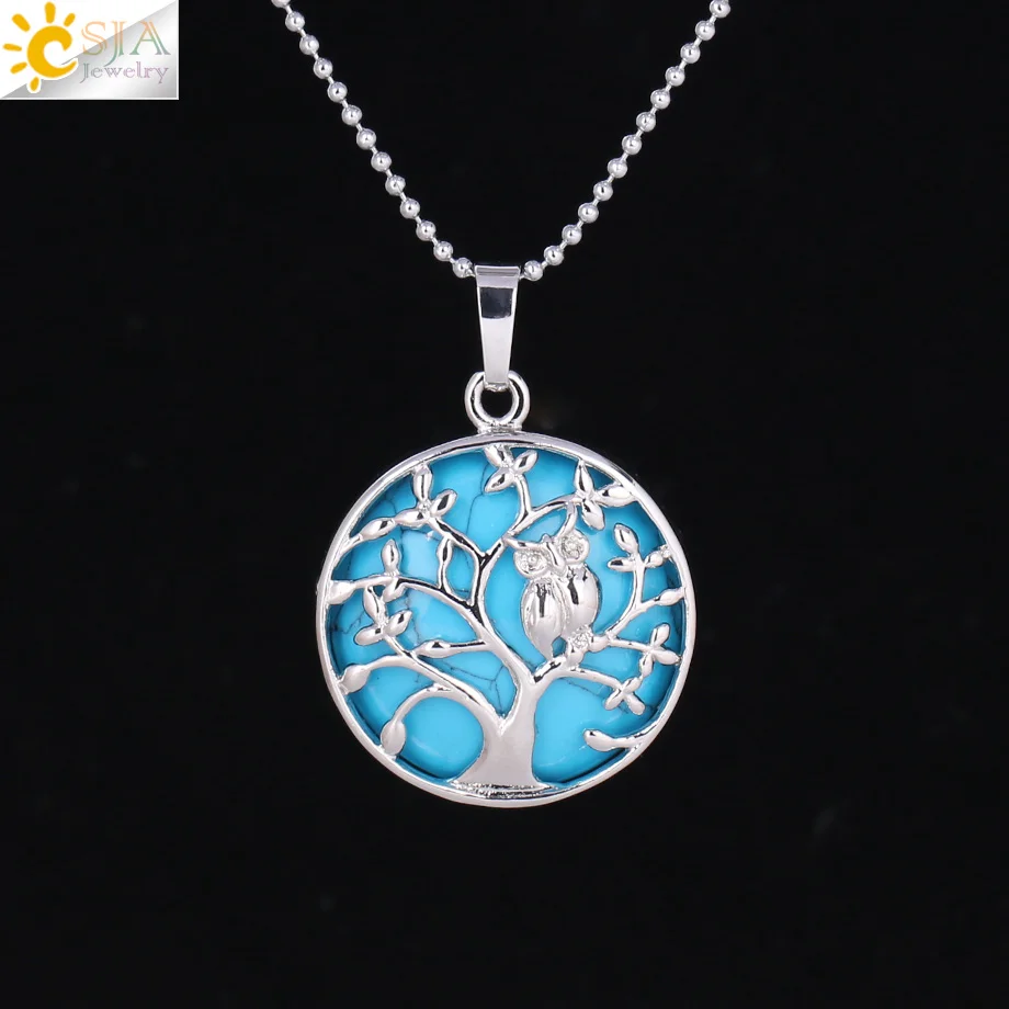 Blue Turquoise CSJA, ювелирные изделия из натурального камня, ожерелье с кулоном, птица, сова на Древе жизни, Женское Ожерелье, s& Кулоны, трендовые ювелирные изделия для лета F343 - Окраска металла: Blue Turquoise