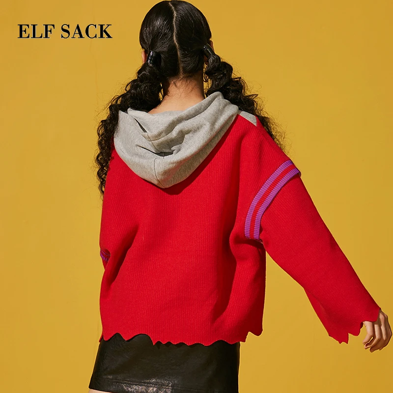 ELFSACK, новинка, модные красные женские Толстовки, Толстовки, хлопковые, повседневные, с длинным рукавом, женские пуловеры, пэчворк, с капюшоном, Femme Sudadera