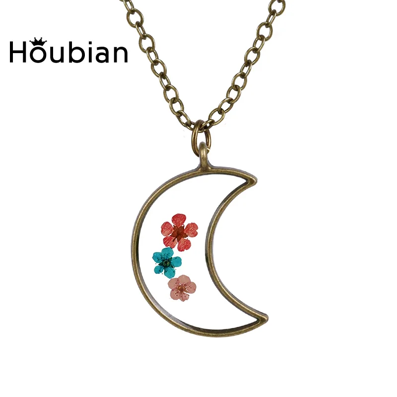 Фото Houbian натуральные сухие цветы ручная эпоксидная Луна Форма кулон ожерелье чистая