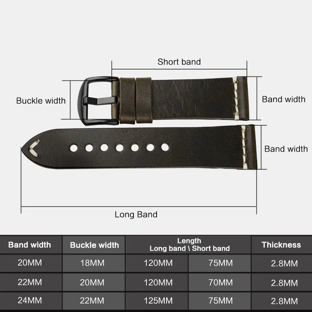 MAIKES High Quality Vintage Green Leather Watch Band Stainless Steel Pin Buckle 22mm 24mm Watch Accessories Watch Strap Bracelet