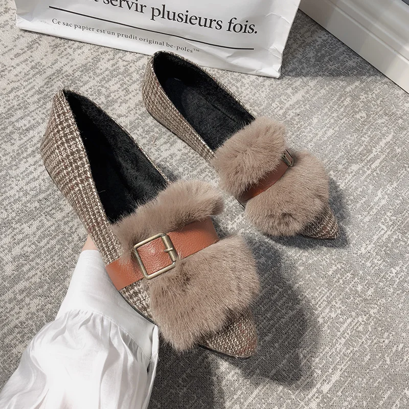 Flats Women Simple Elegant Retro Plaid Pointed Toe Flat with Shoes Outside Womens Winter Soft Plush Ladies All-match 2019 Trendy | Обувь
