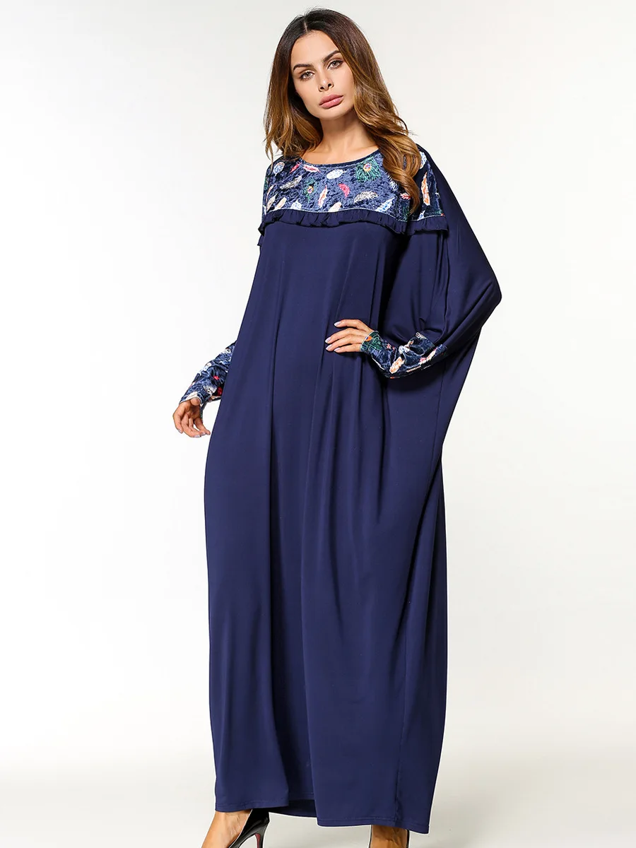 Модное темно-синее женское мусульманское платье abaya с круглым вырезом и рукавами «летучая мышь» Marokkaanse кафтан большого размера дубайское турецкое исламское платье
