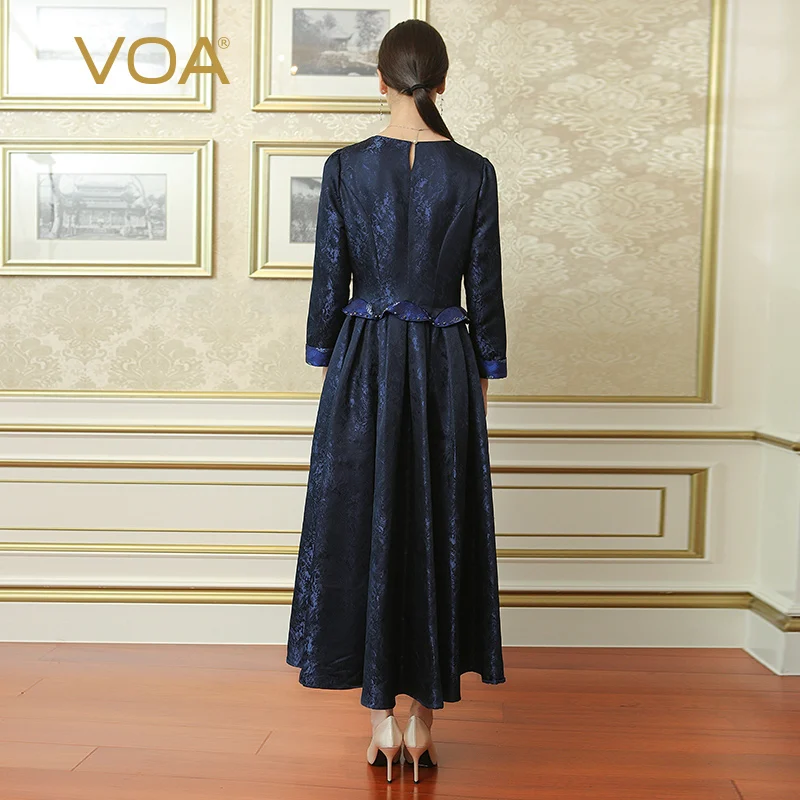 VOA винтажное китайское стиль темно синий туника шелковое платье Плюс Размер