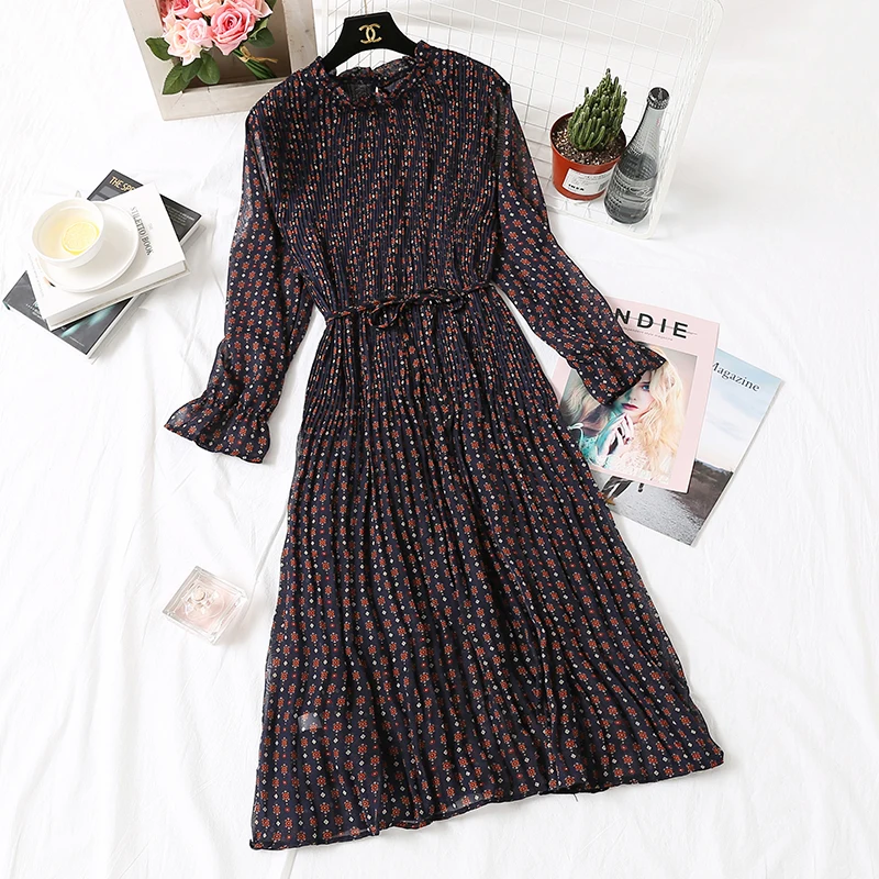 Шифоновое Плиссированное Платье с принтом повседневное милое женское платье