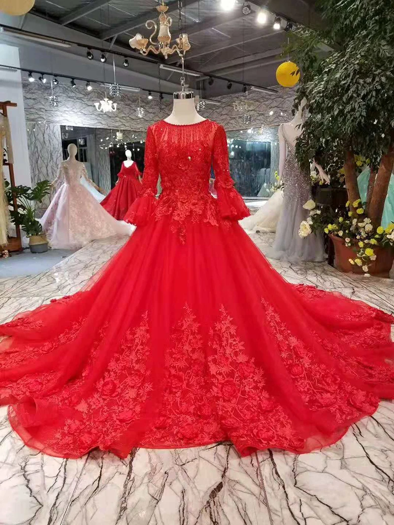LSS200 Красные Свадебные платья с розами, Круглый воротник длинный рукав, мусульманский свадебное нарядное платье с длинным шлейфом для девочек; актуальный imapes