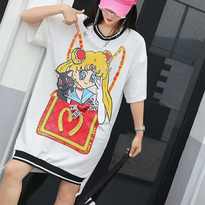 

Summer Women's Short Sleeve T-Shirt 2019 Summer Tide Brand Pink Print Sequins Loose Short Sleeve Long T-Shirt Women