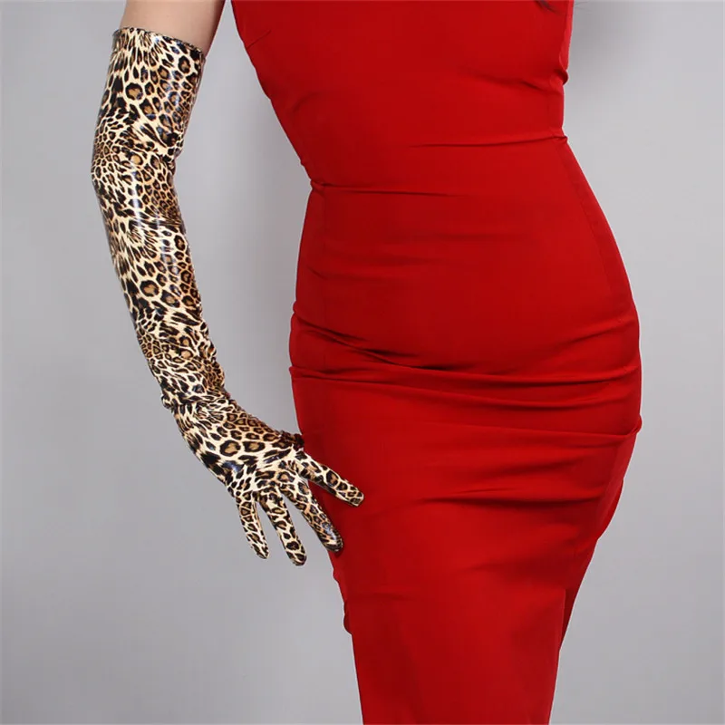

New Patent Leather PU Gloves Female Leopard Trend Simulation Leather Bright Leather Woman's Gloves Cosplay Dance Party P1370-3