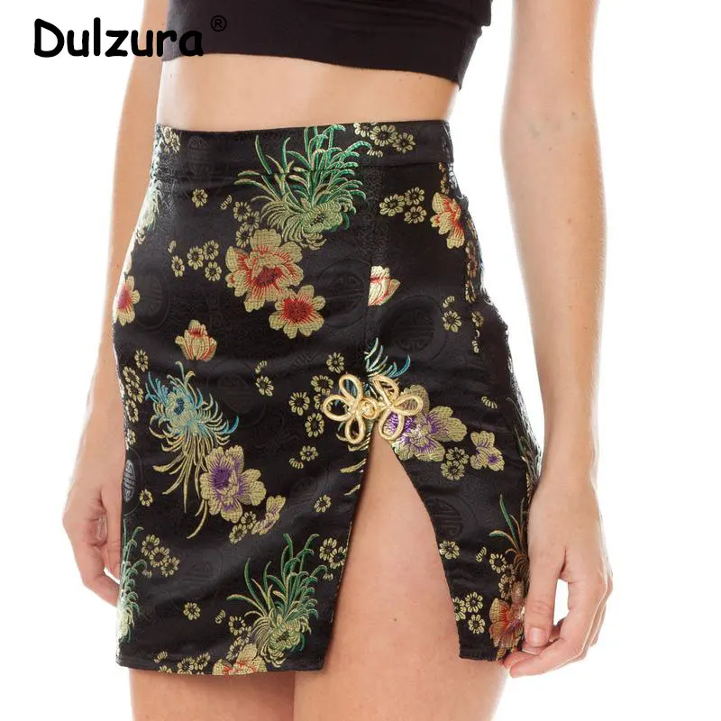 Атласные юбки в стиле ретро с цветочной вышивкой Женская мини юбка китайском