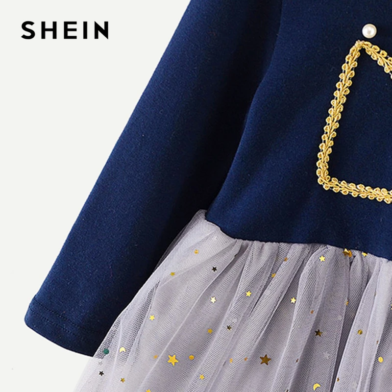 SHEIN/Вечерние платья из сетчатой ткани с жемчугом и бусинами; одежда для маленьких девочек; коллекция года; сезон весна; корейское модное милое короткое платье с длинными рукавами