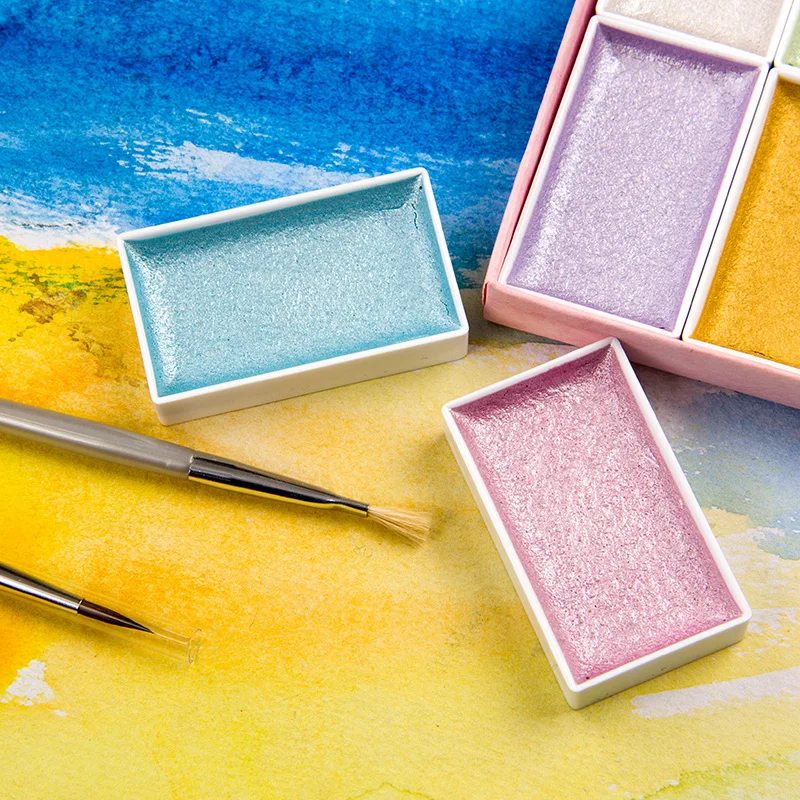 8 шт. Sakura Pearl набор однотонных акварельных красок с 2 кистями включая Золотой