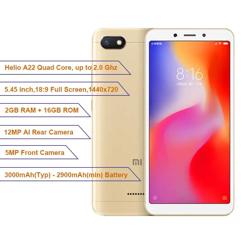 Глобальная версия Xiaomi Redmi 6A 6 A 2 Гб ОЗУ 16 ПЗУ мобильный телефон Helio A22