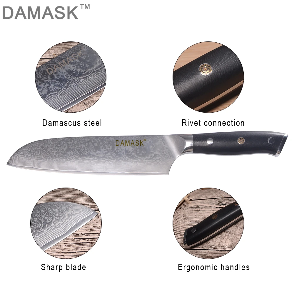 DAMASK японский VG10 дамасский стальной кухонный нож 7 дюймов Santoku G10 Ручка красивый