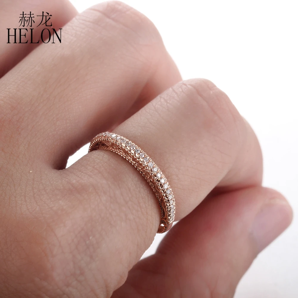 HELON Solid 14K розовое золото 0.2ct круглое натуральное кольцо с натуральными бриллиантами, обручальное женское винтажное ювелирное элегантное уникальное кольцо