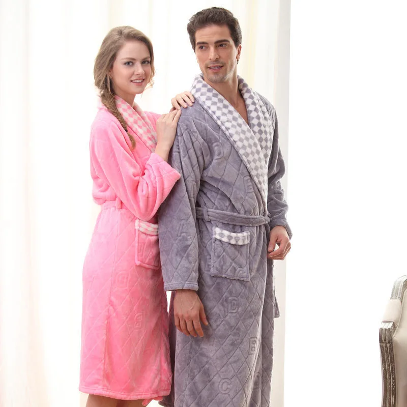 Женский халат для сна розовый пар фланелевый Халат в клетку женское платье