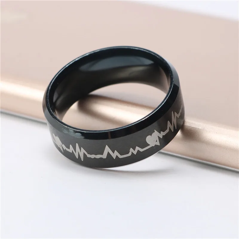 Кольцо мужское/женское из титановой стали с черной электрокардиограммой и