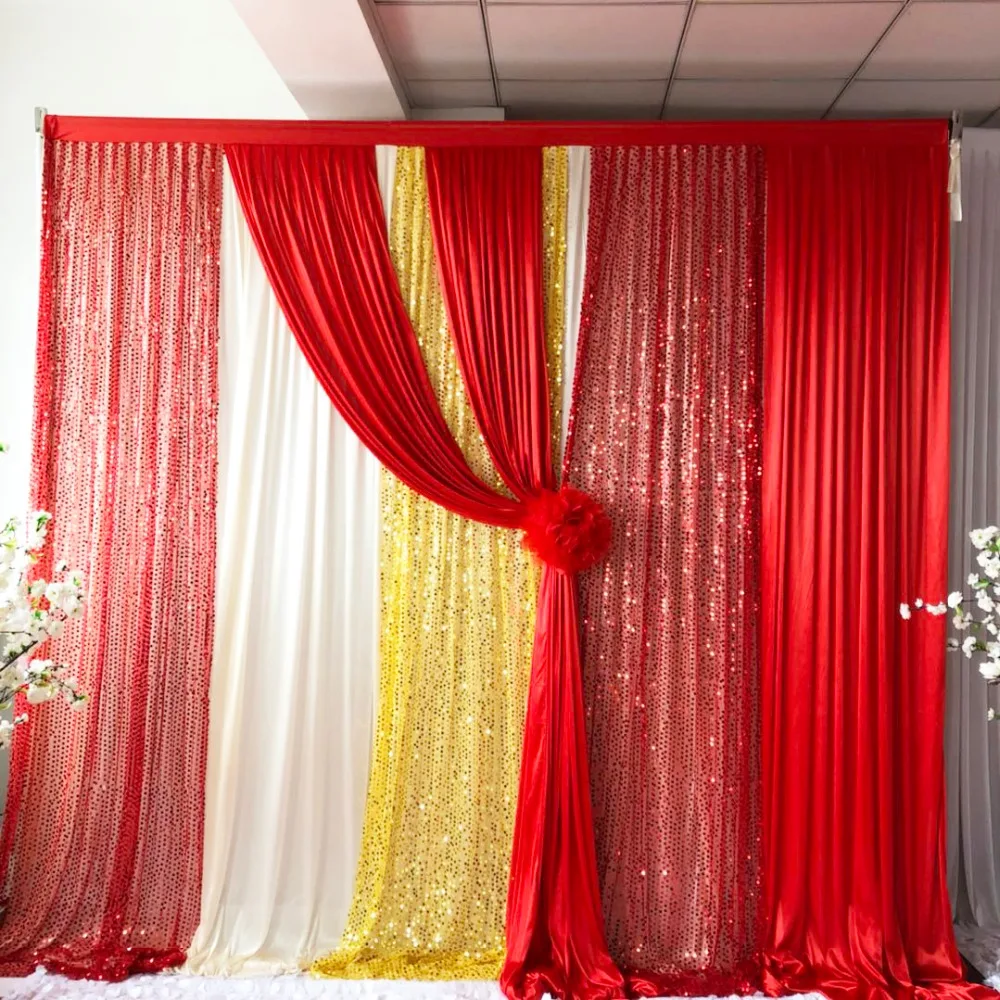 

Christmas Hot Sale 3mWx3mH White Curtain Red With Gold Sequin Backdrop Drapes Wedding Party Event Decoration
