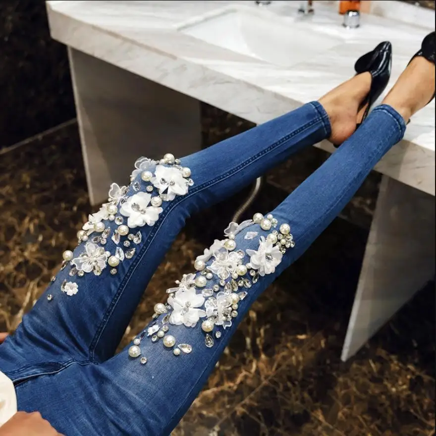 Новинка 2019 брюки с бисером модные женские повседневные джинсовые Стрейчевые