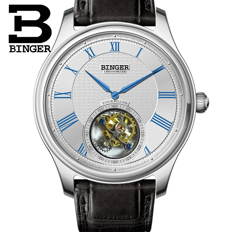 Высококачественные механические часы Seagull Tourbillon с крокодиловым кожаным ремешком сапфировые Мужские автоматические часы Бингер синий циферблат - Цвет: 04