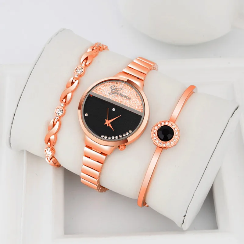 3 шт./компл. розовое золото Для женщин браслет часы Роскошные элегантные Стразы