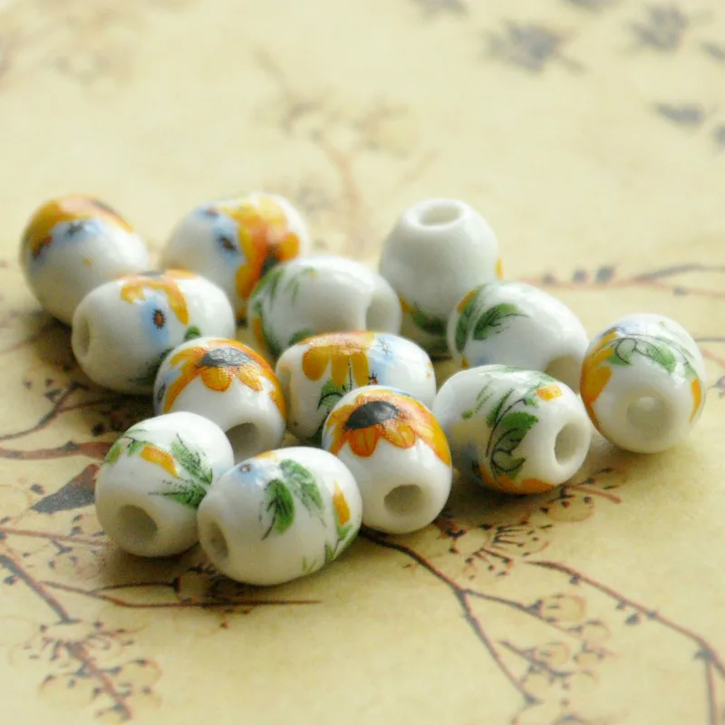 

20pcs/lot 12*10MM Oval Shape Ceramic Beads Peony Flower,Sunflower,Wintersweet Hole Beads for Diy/handmade Jewelry Making Finding