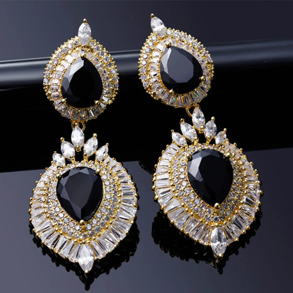 Женские серьги капельки большие роскошные золотого цвета с черным кристаллом