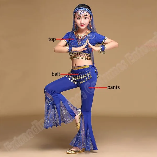 Royal blue-3pcs Девушки Болливуд танцевальные костюмы танец живота индийский набор сари шифон наряд представление на Хэллоуин Топ Пояс брюки Вуаль головной убор - Цвет: Royal blue-3pcs