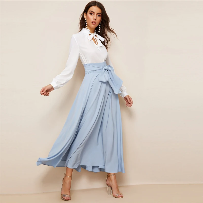 SHEIN Женская юбка макси с бантом и широким поясом, летняя юбка с высокой талией,, элегантная синяя Однотонная юбка трапециевидной формы на молнии с поясом