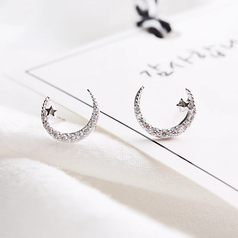 star moon cz earrings 100% 925 Sterling silver Jewelry fashion Hypoallergenic Stud for women gift | Украшения и аксессуары