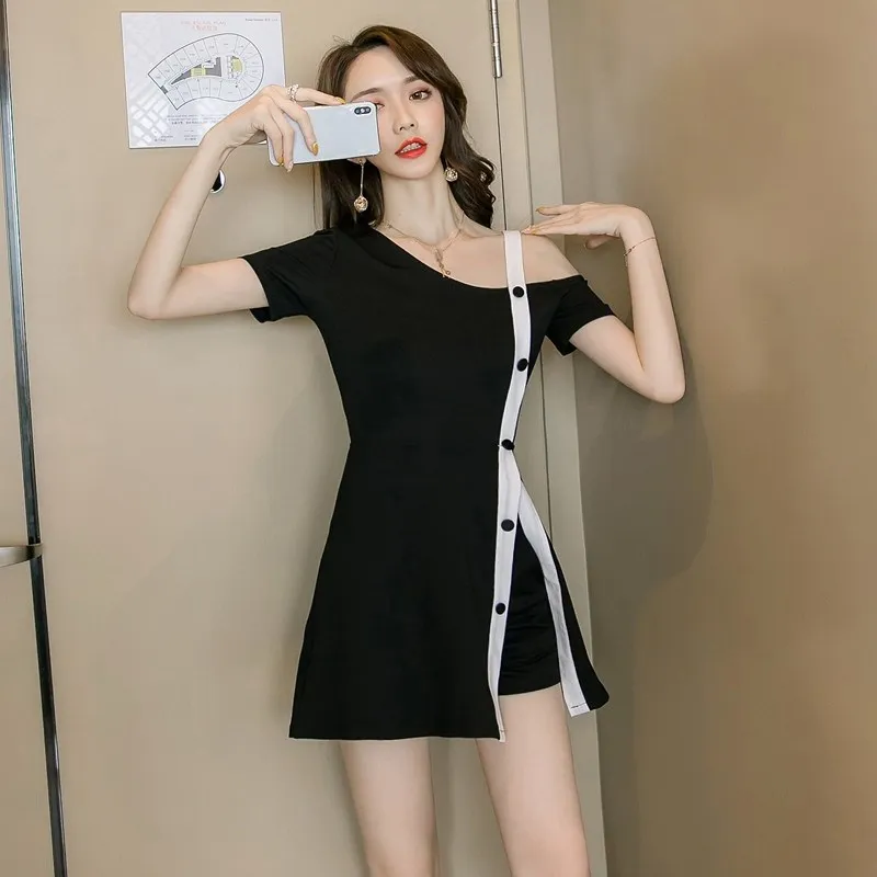 Женский сексуальный костюм на одно плечо с коротким рукавом черный комплект из