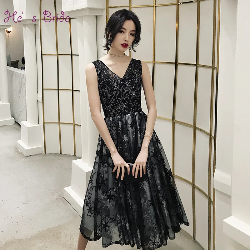 Женское коктейльное платье It's Bride черное элегантное до середины икры с V