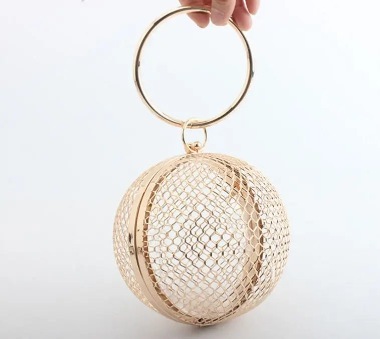 gold with ring Металлический круглый кошелек с вырезами, женские круглые клатчи, сумки через плечо в металлической клетке, Женская вечерняя сумка, вечерние сумки-мессенджеры на цепочке - Цвет: gold with ring