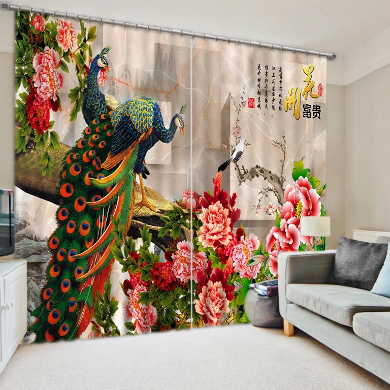 

3d curtains European Style Top Quality Modern Home Decor Custom 3D Photo peacock flower Curtains for living room
