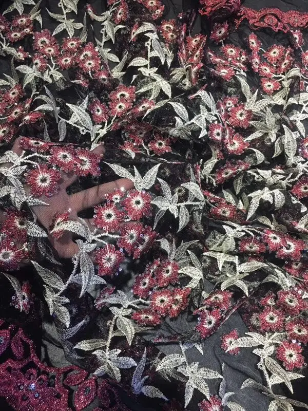 Высокое качество Африканский кружевная ткань с красными блестками Tissu индийский