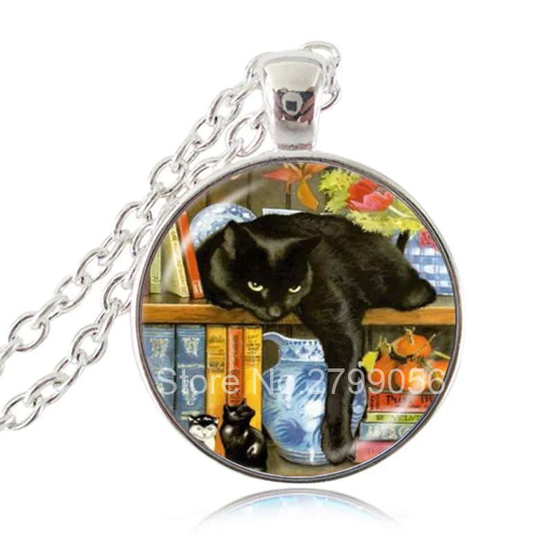 Черный кот в книжной полке фото ожерелье кулон виде животного котенок ювелирные