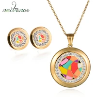 nextvance gold rhinestone enamel necklace earring set stainless steel round medal pendant necklaces for christmas gift