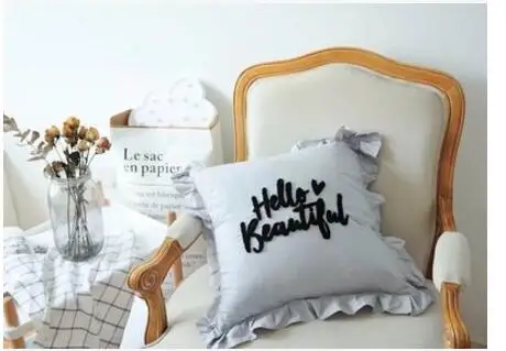 Розовая/серая/белая хлопковая наволочка с красивой вышивкой Hello кружевная для