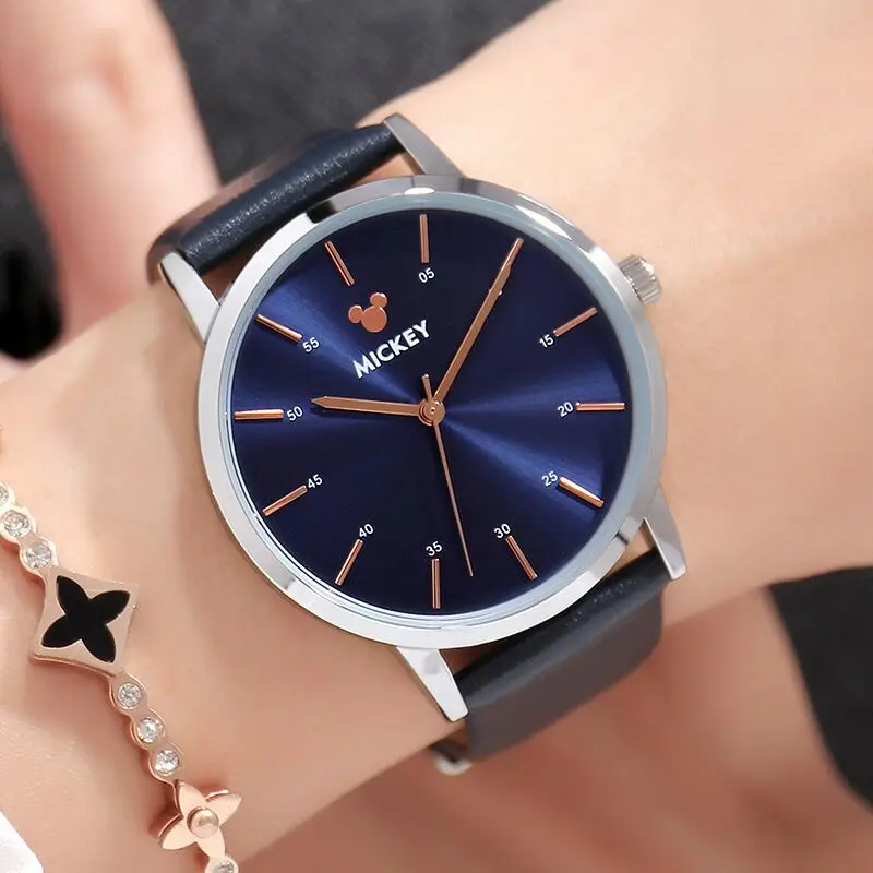 Disney Mickey Mouse Women Watches Top Luxury Quartz Wristwatches For Woman Stainless Steel Band Ladies Watch Montre Femme - Цвет: Blue silver Leather
