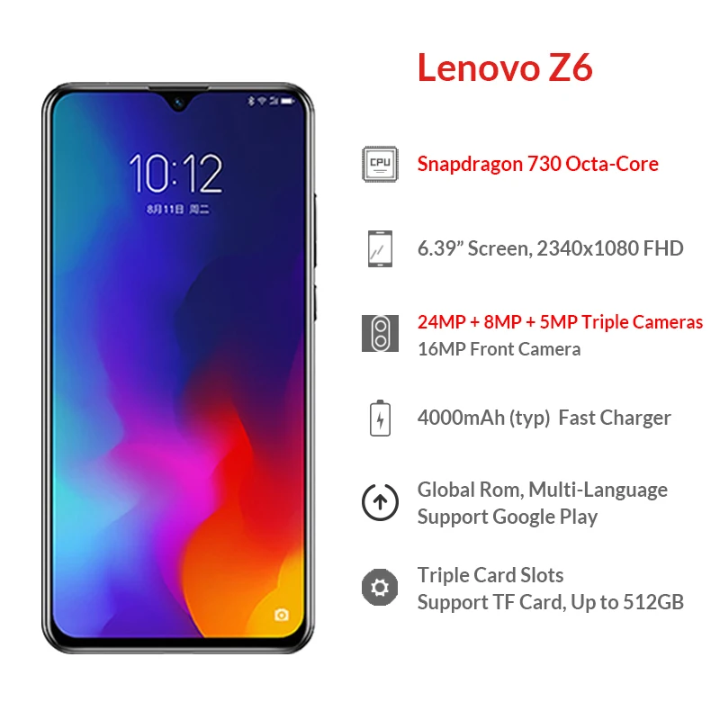 Lenovo Z6 смартфон с восьмиядерным процессором Snapdragon 730 ОЗУ 6 ГБ ПЗУ 64 128 39 дюйма 24 МП 3
