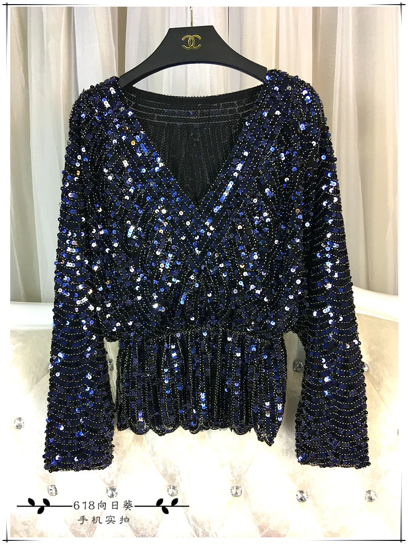 Cakucool, новинка, длинный рукав, расшитая блестками, блузка, рубашка с глубоким v-образным вырезом, сексуальные блузы, украшенные бисером, элегантные блузки, рубашки, топы для женщин, весна