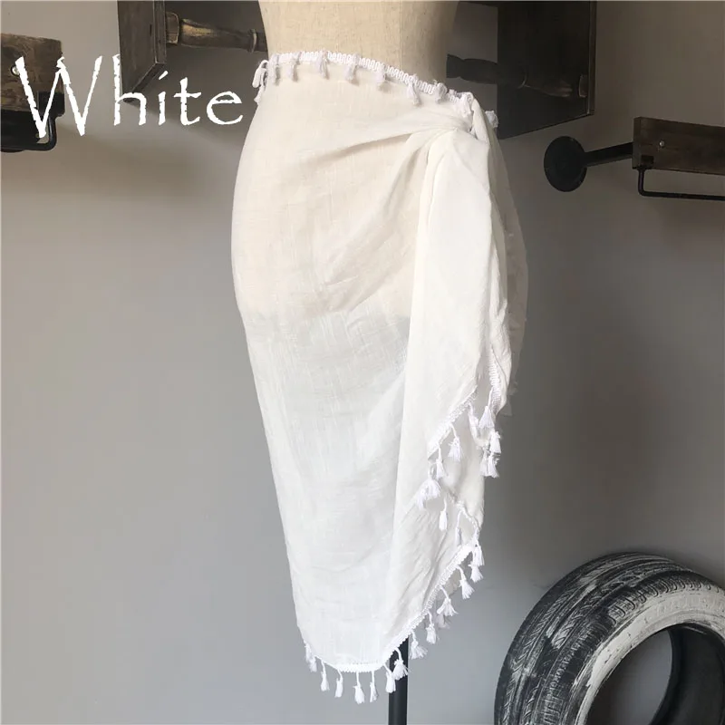 Сексуальная Пляжная накидка с кисточками, юбка бикини, купальник, женский купальник, женское однотонное парео, летняя пляжная одежда из шифона, саронги - Цвет: Белый