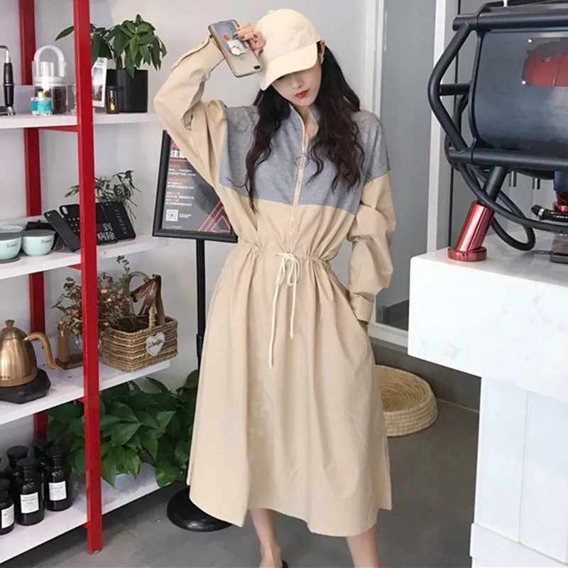 apricot TWOTWINSTYLE Лоскутная Толстовка Платья женские с длинным рукавом хит цвета шнурок миди платье женское осень корейская мода - Цвет: apricot