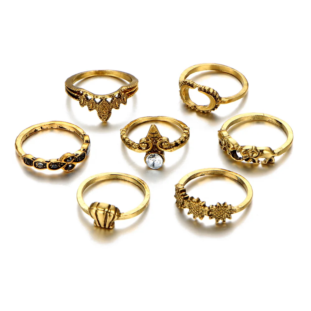 Elephant Rings Antique Gold Silver Color Crystal Midi Knuckle Finger Ring Set Women Hollow Flower Crown Moon Sun Jewelry 7 pcs | Украшения