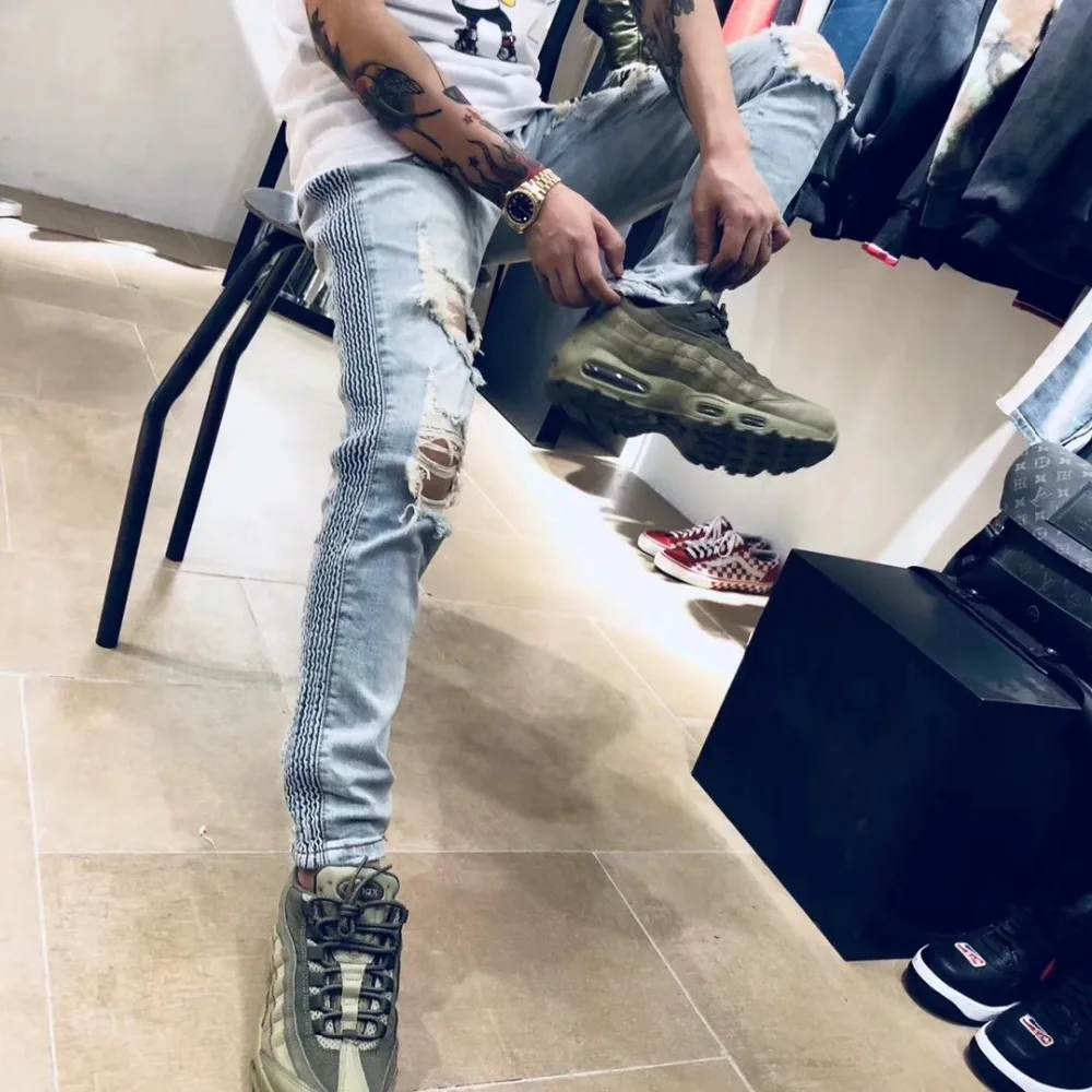 2018 высококачественные мужские Модные Винтажные цветные полосатые Прямые рваные